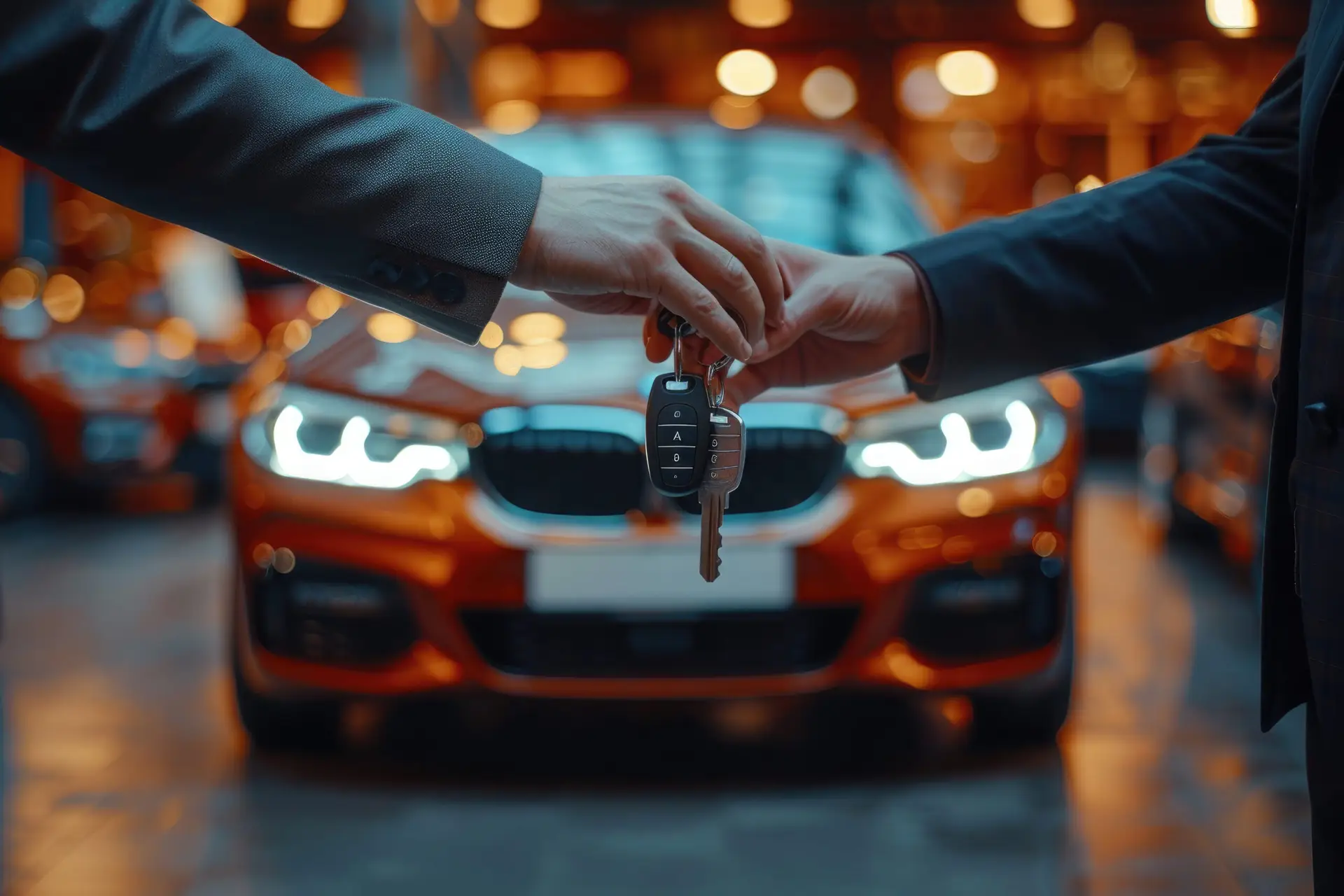 a car dealership consultant hands over the keys to a new luxury car to a customer after closing a deal, symbolizing the achievement and pride of owning an expensive automobile.